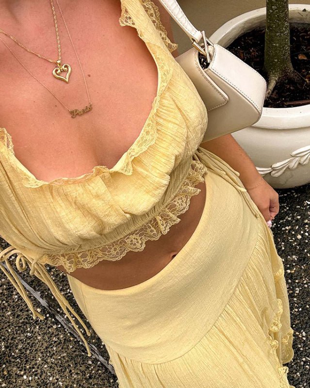 New solid color fashion suit lace up top long skirt suit - Skirt Suit